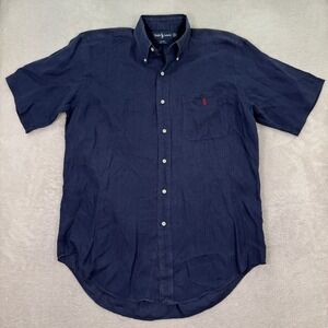 Ralph Lauren Blaire Men Medium Navy Blue 100% Linen Short Sleeve Button Up Shirt